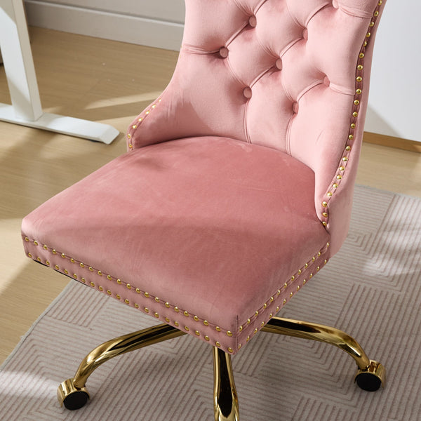 English Elm A&A Velvet Tufted Office Chair with Hand-Pulled Buttons, Nailhead Trim & Golden Metal Base, Luxe Comfort Pink W1143P292467