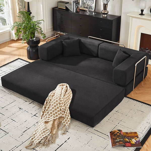 English Elm Convertible Corduroy Floor Sofa with Folding Sleeper and Bolster Pillow for Apartments Black W5638P460678