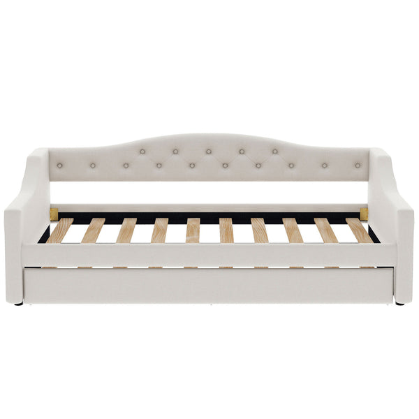 English Elm Upholstered Twin XL Daybed with Built-In LED Belt and Trundle, Linen Backrest, Modern Guest Bed Beige DL002050AAA