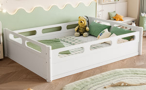 English Elm Twin Low Profile Floor Bed with Guardrails Pine Wood Frame Minimalist Bedroom White W1580P438792