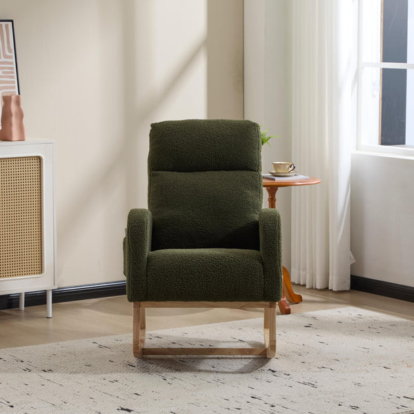 English Elm Modern Upholstered Glider Rocker with Teddy Fabric High Back and Rubberwood Base Green W3723P409071