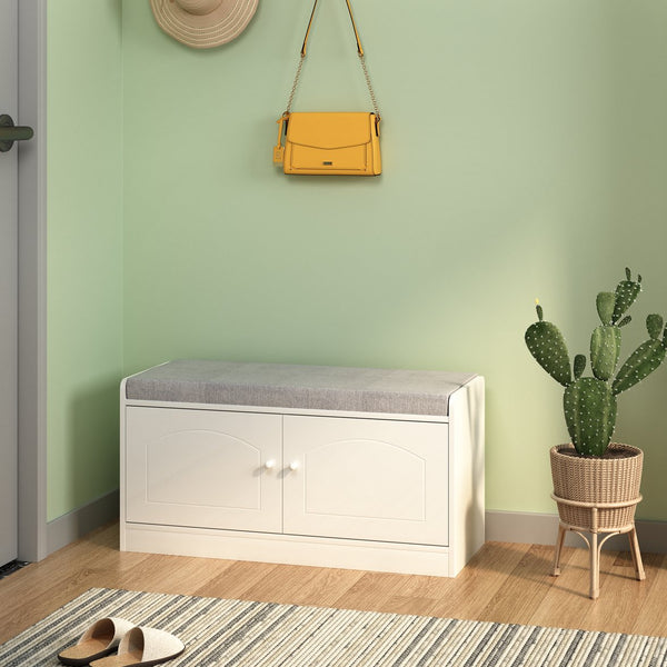 English Elm Shoe Storage Bench with Cushion and 2-Door Cabinet, Ventilated, Adjustable Shelves, 300lb Seat W760P206351