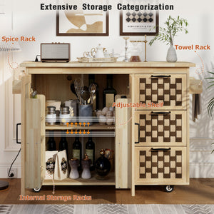 English Elm K&K Vintage Woven Checkerboard Kitchen Island 53.2" with Drop Leaf, Power Outlet, 5 Wheels, Storage N707P215328Y