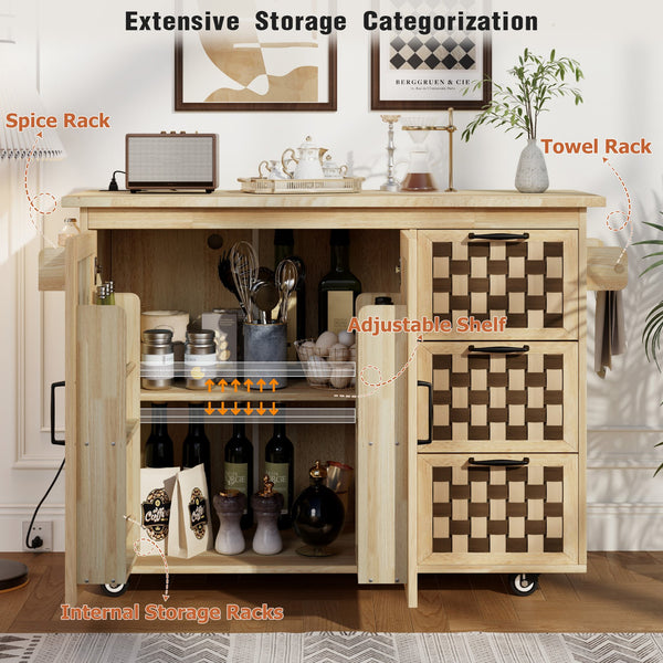 English Elm K&K Vintage Woven Checkerboard Kitchen Island 53.2" with Drop Leaf, Power Outlet, 5 Wheels, Storage N707P215328Y