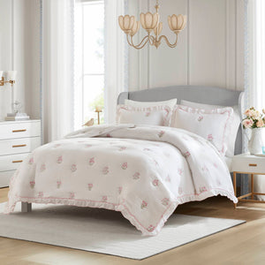 English Elm 3-piece Floral Embroidered Quilt Set Ruffled Trim Romantic Bedding for Full Queen Beds White+Pink B035P463192