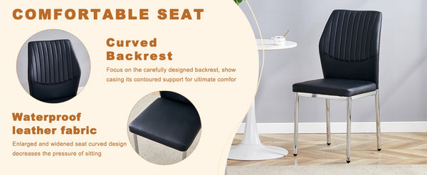 English Elm Table Set: 35" Round Transparent Glass Dining Table With 4 Black Pu Chairs & Silver Metal Legs W1151S03704-GIGA