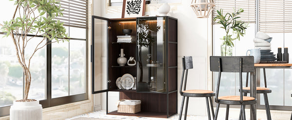 English Elm 51.2'' Freestanding Lighted Display Cabinet With Adjustable Glass Shelves & Hidden Storage For Décor N845P261777D
