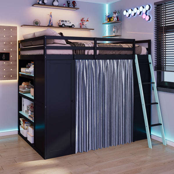 English Elm Full Size Wood Loft Bed with Wardrobe Desk Shelves Rgb Lighting and Blackout Curtains Black+Blue LT000269AAC-1