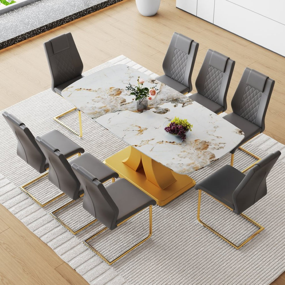 English Elm Table Set: Luxurious 9-Piece Dining Set With Pandora Glass Top, Golden Legs & 8 Gray Pu Chairs For Style W1151S03230-GIGA