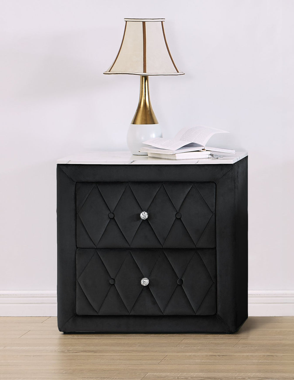 English Elm 1pc Velvet Tufted Nightstand with Faux Marble Top, Crystal Knobs and Two Spacious Drawers, Chic Bedroom Accent Black 28.03 L x 20.28 W x 27.17 H B2741P321092