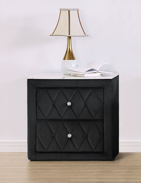 English Elm 1pc Velvet Tufted Nightstand with Faux Marble Top, Crystal Knobs and Two Spacious Drawers, Chic Bedroom Accent Black 28.03 L x 20.28 W x 27.17 H B2741P321092
