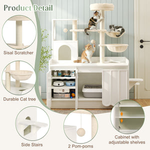 English Elm 50.6" Modern White Cat Tower with Litter Enclosure Sisal Posts Hammock and Perch N704P443505K