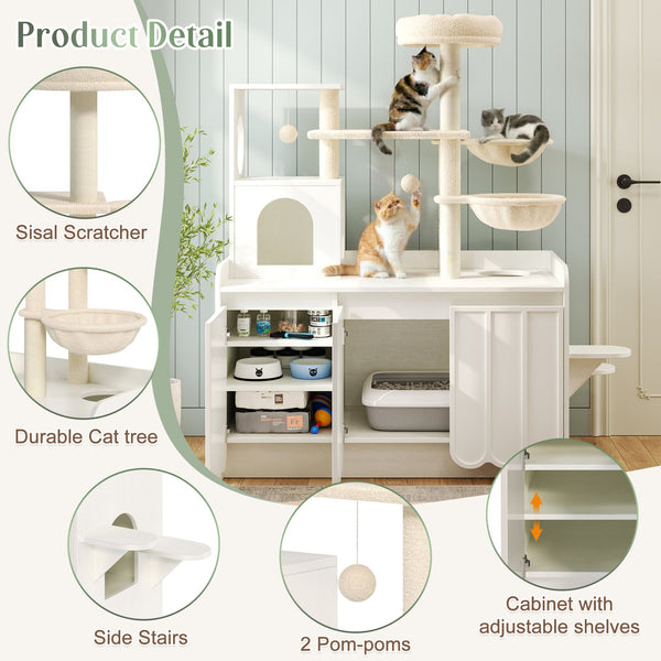 English Elm 50.6" Modern White Cat Tower with Litter Enclosure Sisal Posts Hammock and Perch N704P443505K