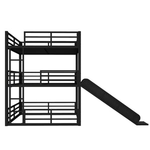 English Elm Queen Metal Triple Bunk Bed With Slide - Space-Saving, Heavy-Duty Design, Safety Guardrails In Black W1580S00172-GIGA