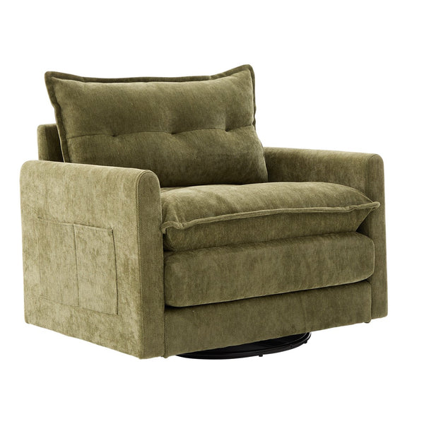 English Elm UNITED Swivel Barrel Chair with Chenille Upholstery, 360° Smooth Rotation, Padded Arm Comfort and Side Pockets for Living Room Relaxation Olive Green W1568P290086