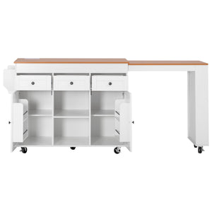 English Elm K&k Rolling Kitchen Island with Extendable Table Open Shelving and Built-in Power Outlet White N707P360278W