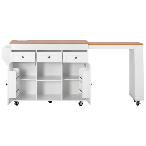 English Elm K&k Rolling Kitchen Island with Extendable Table Open Shelving and Built-in Power Outlet White N707P360278W