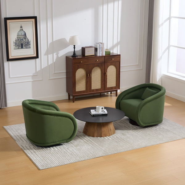 English Elm Swivel Barrel Chair Pumpkin Sculptural Velvet Upholstered with Walnut Wood Round Base Green W3244P427740