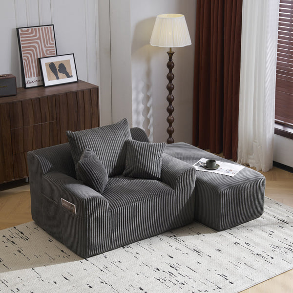English Elm Oversized corduroy chaise lounge with ottoman, plush boneless sofa, ergonomic pillows for relaxing comfort Grey W1901P278403