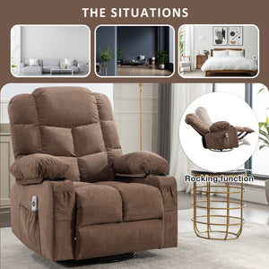 English Elm Massage Rocker Recliner Oversized Chair with Heat Vibration Usb Port and Storage Pockets Brown W1807S00011