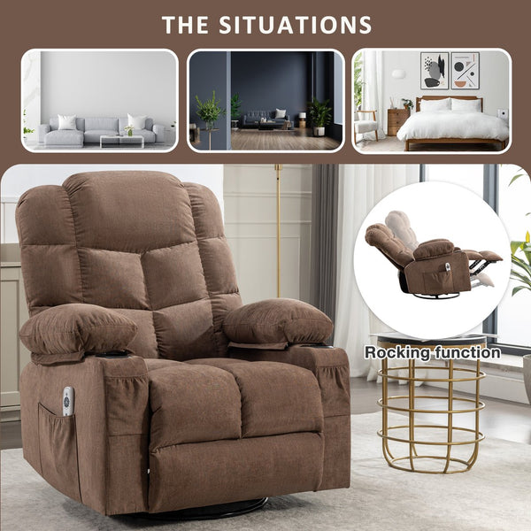 English Elm Massage Rocker Recliner Oversized Chair with Heat Vibration Usb Port and Storage Pockets Brown W1807S00011
