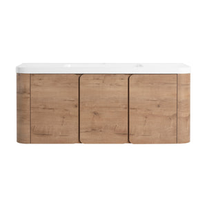 English Elm 48" Floating Bathroom Vanity Dual Ceramic Vessel Sinks Oak Finish Soft Close Doors W999S00507