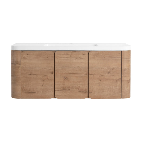 English Elm 48" Floating Bathroom Vanity Dual Ceramic Vessel Sinks Oak Finish Soft Close Doors W999S00507