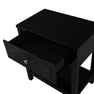 English Elm Dario Contemporary End Table with Tempered Glass Top Open Shelf and Storage Drawer Black B2749P413400