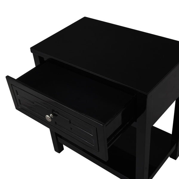 English Elm Dario Contemporary End Table with Tempered Glass Top Open Shelf and Storage Drawer Black B2749P413400