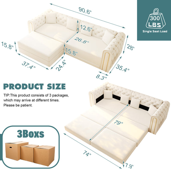 English Elm 90.2" Plush Teddy Fabric Convertible Sleeper Sofa with Hidden Storage for Living Room Beige+White W1885S00241