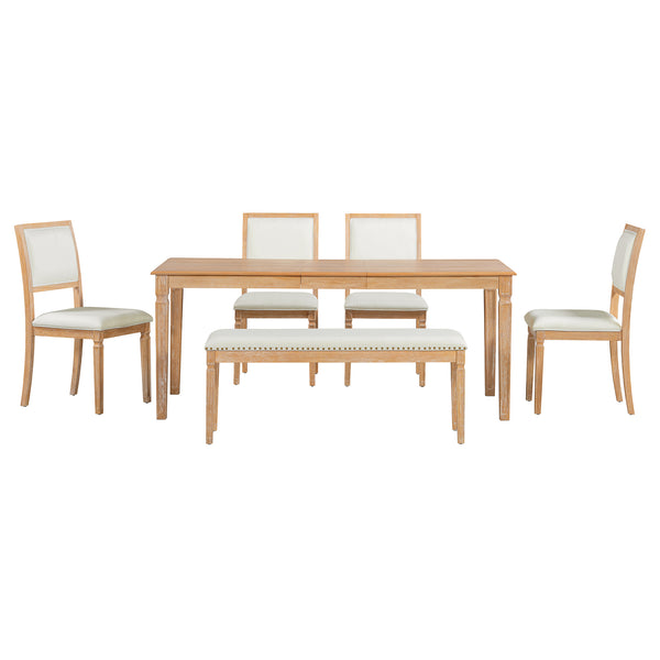English Elm Trexm Rustic Farmhouse Extendable Dining Set Six Piece with Bench Distressed Wood Beige,Natural Wood Wash ST000151AAD