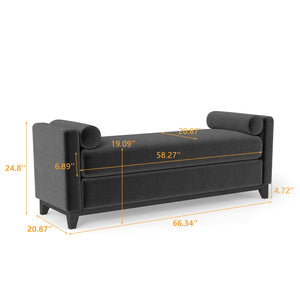 English Elm 66.34 Inch Sherpa Fleece Bench with Fluted Wood Legs Bolster Pillows Mid-century Lounge Black W1658P445921