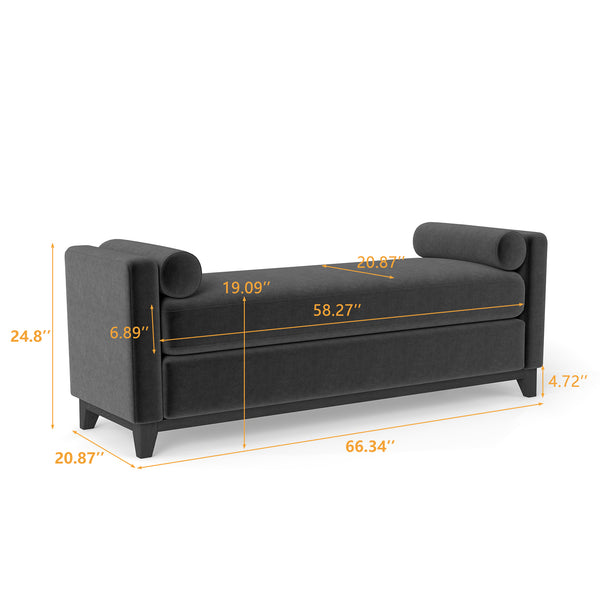 English Elm 66.34 Inch Sherpa Fleece Bench with Fluted Wood Legs Bolster Pillows Mid-century Lounge Black W1658P445921