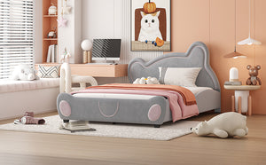 English Elm Full Velvet Bear-Shaped Platform Bed Full Size with Storage Pocket, Cute Cuddly Headboard, Gray Plush Finish SF000143AAE