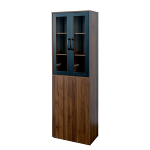 English Elm 70.87" Modern Display Storage Cabinet with 4-Tier Pull-Out Shelves, Dual Glass Doors for Home Walnut W331P295246