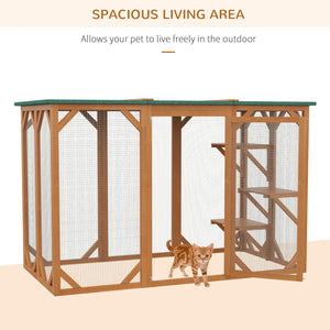 English Elm Pawhut Wooden Outdoor Catio Enclosure with Mesh Walls Climbing Platforms Asphalt Roof W2225P173769
