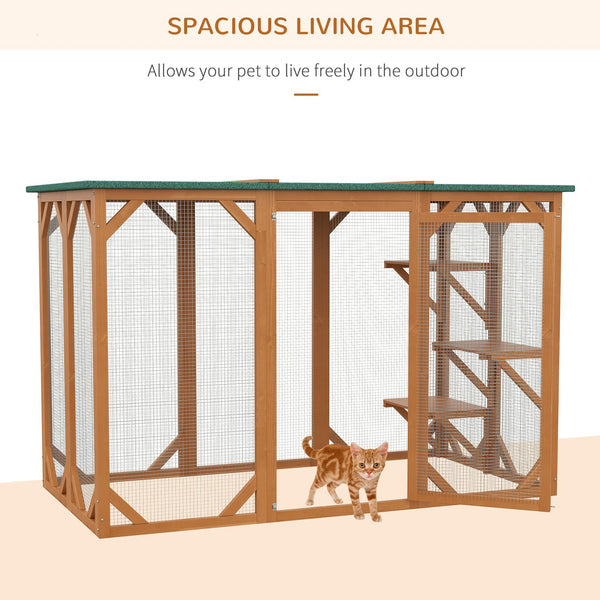 English Elm Pawhut Wooden Outdoor Catio Enclosure with Mesh Walls Climbing Platforms Asphalt Roof W2225P173769