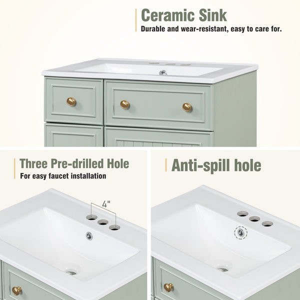 English Elm 24-Inch Bathroom Vanity Cabinet with Ceramic Sink, Space-Saving Storage, Solid Wood Feet, Durable Finish Green WF532034AAF
