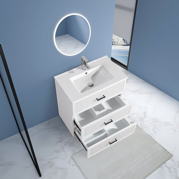 English Elm 30 Inch Bathroom Vanity With Ceramic Sink - Modern Freestanding Storage Cabinet, 2 Drawers, White Finish W1550S00045