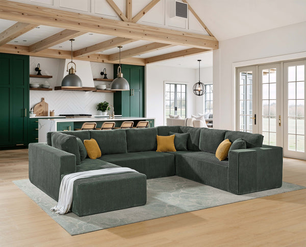 English Elm Full Corduroy Upholstered U-shaped Sectional Sofa with Moveable Ottoman Zero Assembly Dark Green B2748S00054