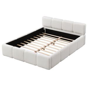 English Elm Queen Boucle Upholstered Platform Bed Low Profile Block Silhouette for Modern Bedroom N757P385459W