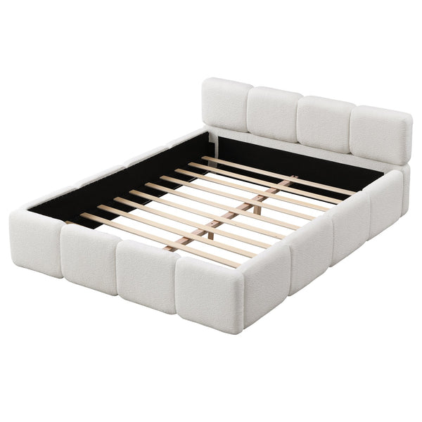 English Elm Queen Boucle Upholstered Platform Bed Low Profile Block Silhouette for Modern Bedroom N757P385459W
