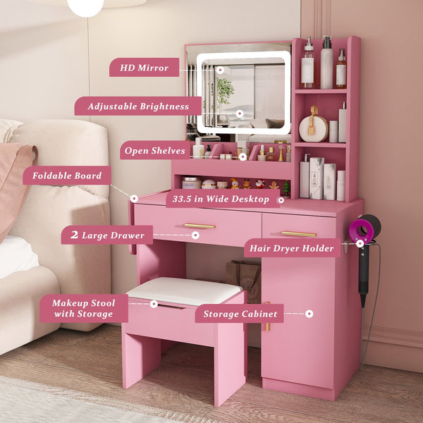 English Elm Vanity Desk with Led Mirror Power Station 3 Drawers Shelves and Makeup Stool W2700P342539