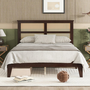 English Elm Full Full Size Bed with Rattan Headboard and Two Underbed Storage Drawers, Rubberwood Slat Support Espresso W504P269605