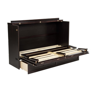 English Elm Queen Size Murphy Bed – Elegant Pine Wood Cabinet With Power Station & Rattan Accents, Espresso Finish W504S00235-GIGA