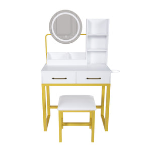English Elm Makeup Vanity Table with LED Lights, Built-In Outlet & USB, Large Drawers, Hair Dryer Stand White W509P297014