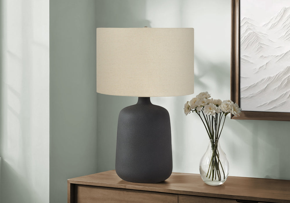 English Elm Lighting, Sculptural Black Ceramic Table Lamp Beige Linen Shade Modern Decor B2710P220098