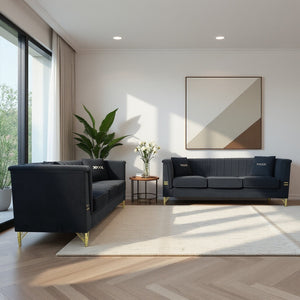 English Elm FX-P82-2PC Velvet Sofa Set of 2 — Plush Tufted 3-Seater Couches with Gold Metal Legs for Stylish Homes Black W576S00241