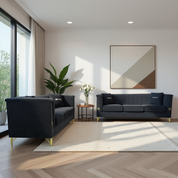 English Elm FX-P82-2PC Velvet Sofa Set of 2 — Plush Tufted 3-Seater Couches with Gold Metal Legs for Stylish Homes Black W576S00241