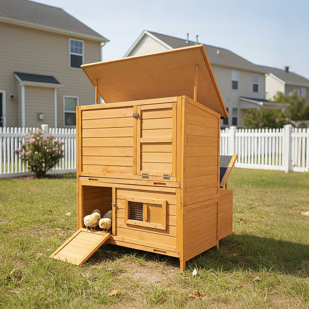 English Elm Chicken Coop Spruce Wood Double House for 8 Birds with Nesting Boxes Flip Roof W3166P436704